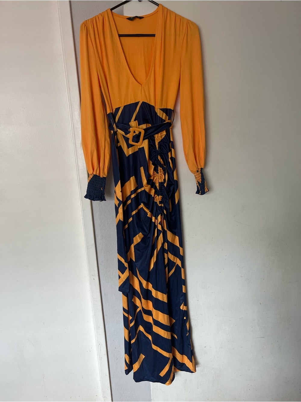 chic Two-Tone Orange and Navy Geometric Maxi Dress